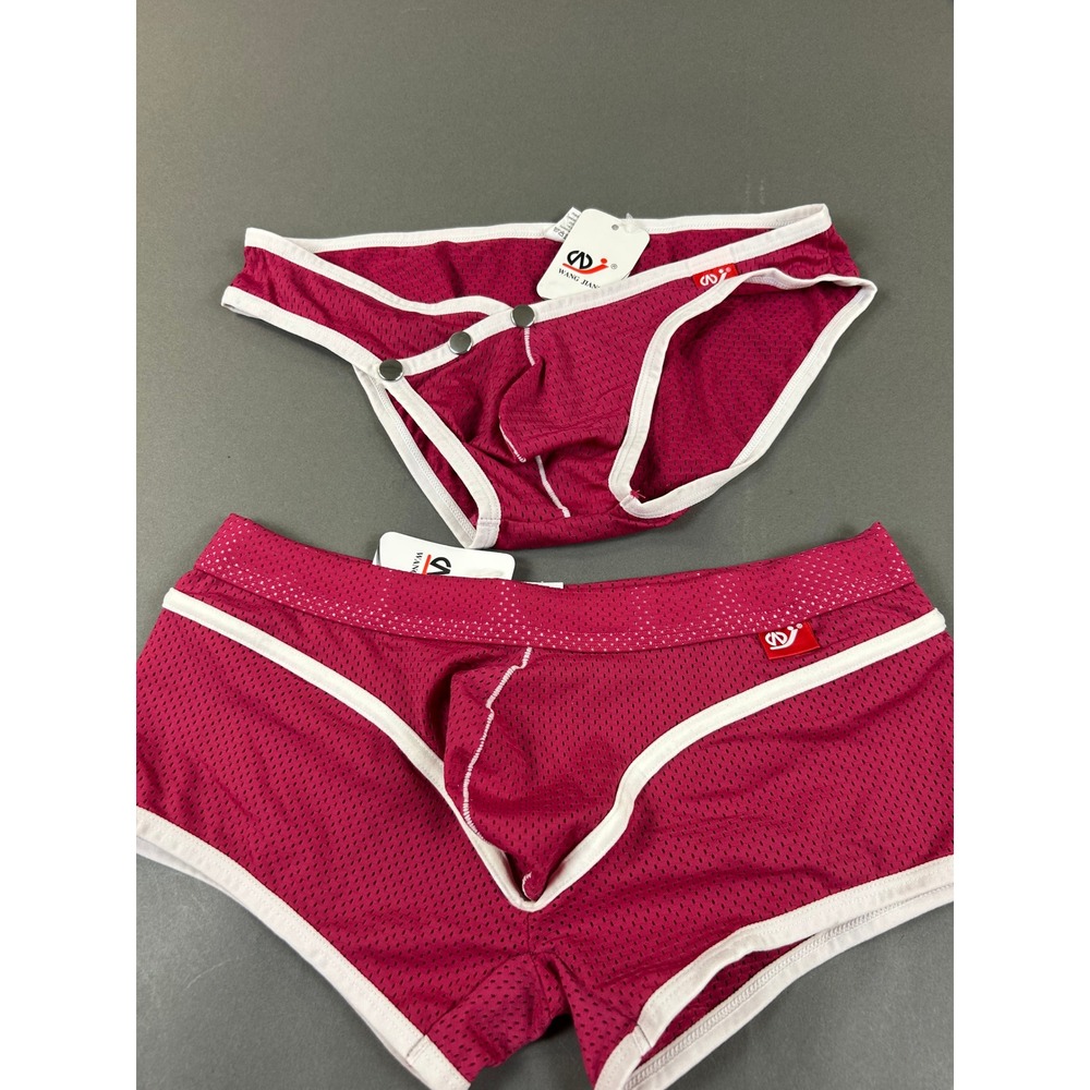 Wang Jiang Mens 2pc Mesh Underwear Set Magenta Pink Briefs Trunks Snap Front S